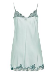 Find CARINE GILSON Lace-tri Silk Slip Dress on Editorialist. aqua blue silk crepe texture with satin finish lightweight semi-sheer construction Calais-Caudry lace trim scallop edges adjustable spaghetti straps sleeveless V-neck thigh-length scallop lace hem pull-on style We've partnered with Good On You — an independent agency that rates how brands perform in relation to their impact on the planet, people and animals, with a multi-criteria rating simplified to a five points scale. In order to be awarded our conscious label, larger brands need to score a minimum of four out of five ('Good'), while smaller brands must score at least three out of five ('It's A Start'). This item comes from a brand rated three out of five ('It's A Start') by Good on You at the time it was added on FARFETCH. Pl Sleeveless Silk Dress With Satin Trim, Chic Silk Dress With Satin Trim, Blue Sheer Silk Dress, Elegant Green Slip Dress For Daywear, Silk Dress With Satin Trim And Spaghetti Straps, Sheer Satin Dress For Daywear, Blue Silk Slip Dress With Spaghetti Straps, Blue Silk Slip Dress For Night, Blue Silk V-neck Dress