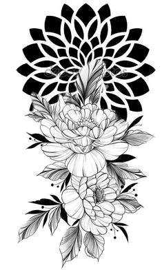 a black and white drawing of flowers with leaves on the bottom half of each flower