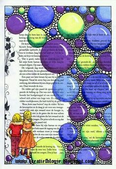 two children are standing in front of an open book with bubbles on the pages and words below