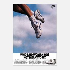 an advertisement for nike featuring a woman's feet in the air with sky background