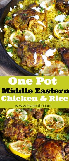 one pot middle eastern chicken and rice casserole with lemons on the side