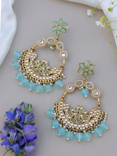 Statement earrings for a statement look! These handmade high quality kundan polki and meenakari earrings in stunning pastel blue and gold are a unique addition to your outfit to glam it up! These can be paired with both Indian and western outfits. They are also extremely lightweight because they are handcrafted. Easy on your ears and beautiful for the eyes 💖 For any queries, please reach out to us. Happy shopping! Diwali Jewellery, Meenakari Earrings, Bleu Pastel, Silver Spring, Pakistani Wedding, Light Blue Color, Blue Earrings, Western Outfits, Pastel Blue