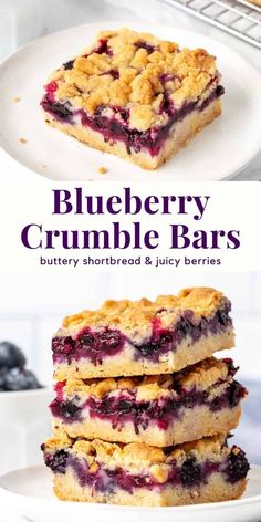 blueberry crumble bars stacked on top of each other with the title above it