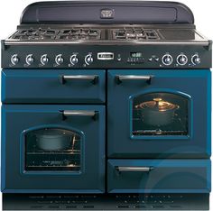 a blue oven with two burners and an oven door on the front is open