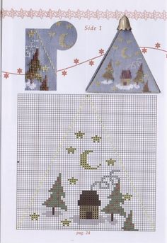 a cross stitch christmas card with a house and trees on the front, and an ornament in the back