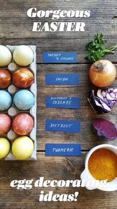 an egg decorating idea with eggs and spices on a wooden table next to it