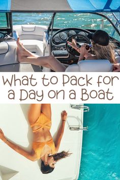 two women in bikinis on a boat with text overlay that reads, what to pack for a day on a boat