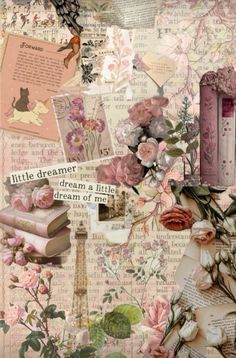 an altered collage with flowers, books and other things in pinks on it