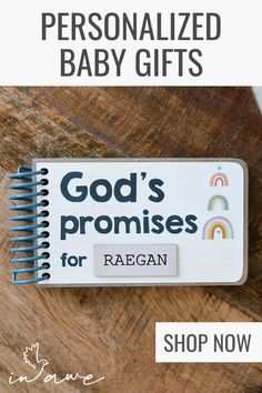 a baby's book with the title, personalized baby gifts god's promises for reagan