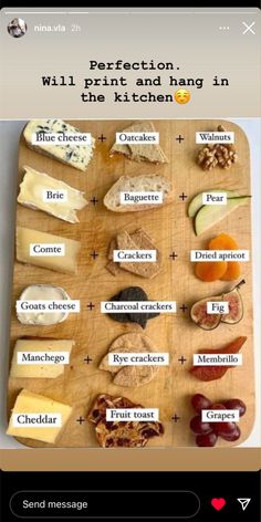 a wooden cutting board topped with lots of different types of cheeses and meats