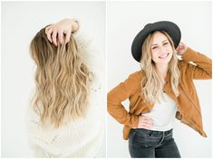 two pictures of a woman with long hair and a hat on her head, one is wearing a brown jacket