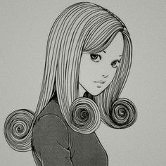 a drawing of a woman with long hair and two spirals on her head, in black and white