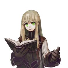 an anime character is reading a book