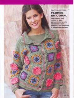 a woman wearing a green jacket with flowers on it and the words crochet written in