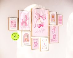 there are many pictures on the wall and one is pink with a bow in it