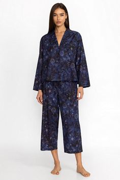 Adorned with celestial scenes, the Bejewel Sleep Set is crafted from 100% breathable cotton. Featuring a button-front shirt with a pocket and sleep pants with an elastic waist and drawstring, this comfortable set is perfect for daily wear. Pair with the Bejewel Sleep Robe for a cozy layered look. Johnny Was Women's Bejewel Black Sleep Set, Size XS, Cotton Boho Chic Outfits, Sleep Dress, Sleep Pants, Women's Blouses, Sleep Set, Chic Outfit, Embroidered Jeans, Button Front Shirt, Johnny Was