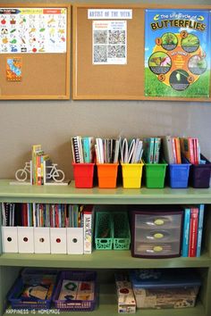 a green book shelf filled with books and plastic bins next to posters on the wall