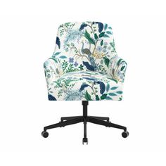 an office chair with a blue and green floral print on it's armrest