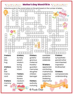 the mother's day word search is shown in this printable crossword puzzle