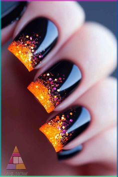 Add some sparkle to your Halloween with these glittery black nails! The bright orange and pink glitter tips make this design stand out, giving you a fun and festive look for the season. Perfect for anyone looking to jazz up their spooky style with simple Halloween nails that are easy to recreate. Save this pin for later and get more Halloween nail art inspo at nailhow.com! 🧡✨ Halloween Nail Ideas, Halloween Nails Easy, Halloween Acrylic Nails, Short Nails Art, Seasonal Nails, Halloween Nail Designs, Fall Nail Art, Halloween Nail, Halloween Nail Art