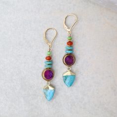 EAR Turquoise Trianglular Point Drop Earrings Wire Techniques, Purple Turquoise, Jewelry Antique, Coral Blue, Green Turquoise, Blue Turquoise, Turquoise Blue, Ear Wires, All Natural