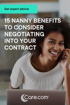 a woman talking on her cell phone while using a laptop with the caption, 15 fanny benefits to consider negotiating into your contact