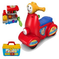 a toy scooter with toys in the back and on the front for children to play