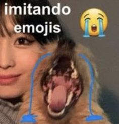 a woman holding a dog in her arms with emojis on it's face