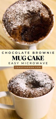 chocolate brownie mug cake in a white cup on a wooden table with text overlay