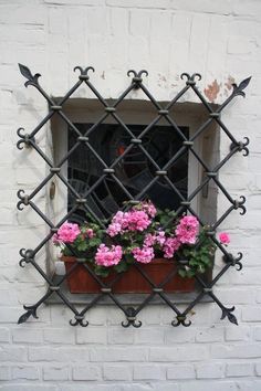 pink flowers are in a window box on a white brick building with iron bars around it