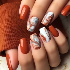 #nailart  #fallnails  #fallnails2022colortrends Grey And Orange Nails, Burnt Orange Nails Designs Fall, Burnt Orange Fall Nails, Marble Acrylic Nails, Cool Nails, Fall Leaves Nail Art, Glass Nails Art, Orange Nail Designs, Latest Nail Designs