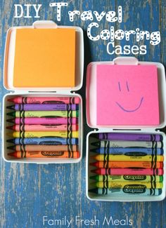 two boxes filled with crayons and the words diy travel coloring cases