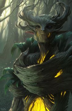 a creature in the middle of a forest with long hair on its head and eyes