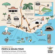 the map for koloa tour shows locations and attractions, including hotels, restaurants, and more