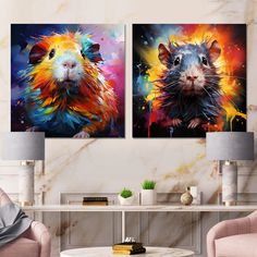 Bring Contemporary Abstraction to your home with this Square Metal Wall Art Set of 2 Piece . This "Pop Art Guinea Pig I" Metal Artwork makes it the focal point of any room or office. Yellow Wall Decor, Wall Art Set Of 2, Yellow Wall, Art Set Of 2, Animal Wall Art, Metal Artwork, Guinea Pig, Canvas Set, Ink On Canvas