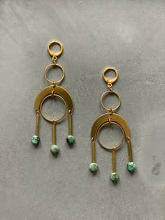 18k gold plated lever back earrings with black brass, brass and turquoise. 3.5” length. Bronze Jewelry Handmade, Brass Jewelry Design, Silversmithing Tutorials, Handmade Earrings Ideas, Brass Earrings Handmade, Brass Jewellery Handmade, Tin Jewelry, Brass Jewellery, Earring Inspiration