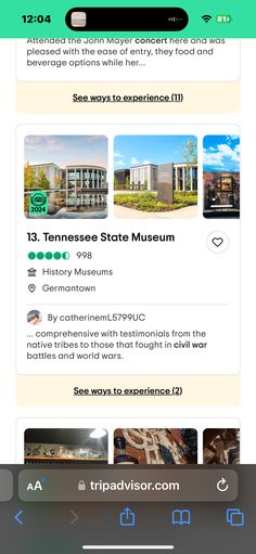 an iphone screen showing the location of several hotels and other places in tennessee state museum