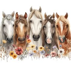 three horses standing next to each other in front of flowers and butterflies on a white background