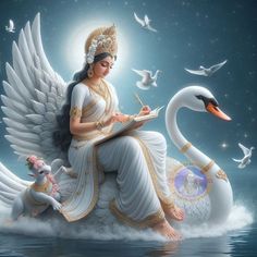 a woman sitting on top of a swan while holding a book in her hands and writing