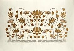 a drawing of flowers and leaves on a white paper with gold foiled border around the edges