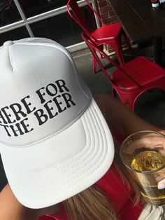 Design is in black and is be made to order on any color hat to fit your team! Here just for the beer for sureeeeee Trucker Hat Designs, Beer Merch, Funny Trucker Hats, Cricut Clothes, Funny Trucker Hat, High Hat, June Bug, Brand Ideas, Brunch Dress