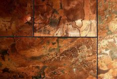 four different images of rusted metal with brown and green paint on it's surface