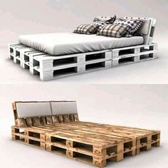 a bed made out of wooden pallets sitting on top of a white floor next to a pillow