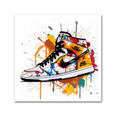 a painting of a pair of sneakers with colorful paint splatters on the background