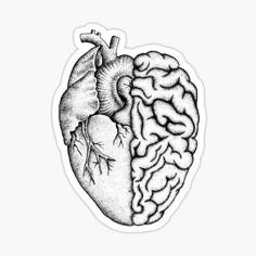 the human heart and brain sticker is shown in black and white, on a white background