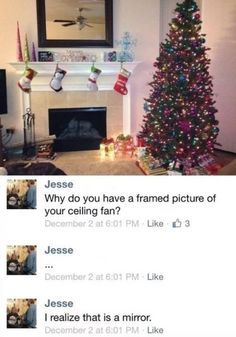 a christmas tree with stockings hanging from it in front of a fire place and fireplace