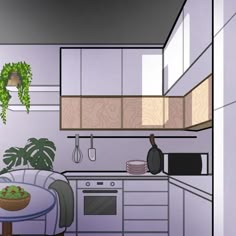 a drawing of a kitchen with plants in the corner