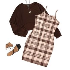 Shein High Low Hem Tee & Plaid Cami Dress In Brown, Size S New With Tags. In Excellent Condition. Original Price $20.00. Cross Top Dress, Brown Cami, White Skater Skirt, Blue Ruffle Dress, Mesh Overlay Dress, Swiss Dot Dress, Dresses Shein, Black Skater Dress, Split Hem Dress