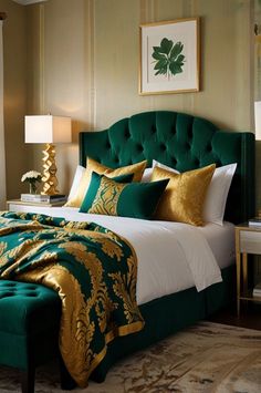 a bed with green and gold comforter in a bedroom