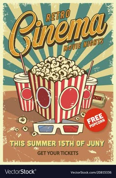 an old movie poster with popcorn and sunglasses